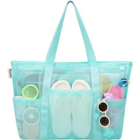 Mesh Beach Bag with Zipper Large Beach Tote Waterproof Sandproof with 8 Pockets - Picture 7 of 7